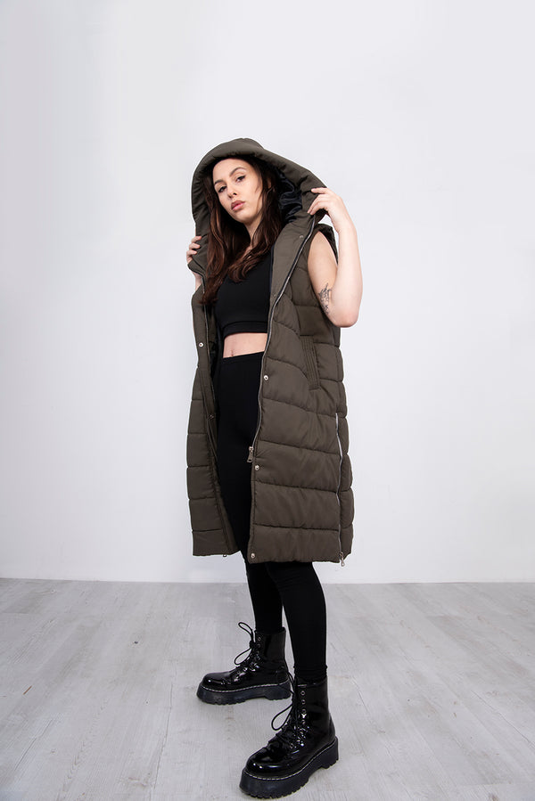 Khaki Longline Hooded Puffer Gilet