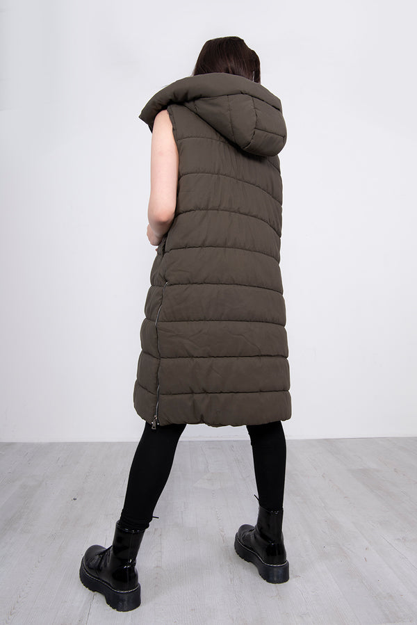Khaki Longline Hooded Puffer Gilet