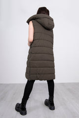 Khaki Longline Hooded Puffer Gilet
