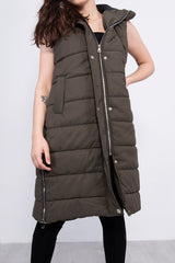 Khaki Longline Hooded Puffer Gilet