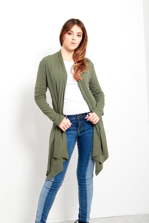 Khaki Ribbed Waterfall Cardigan