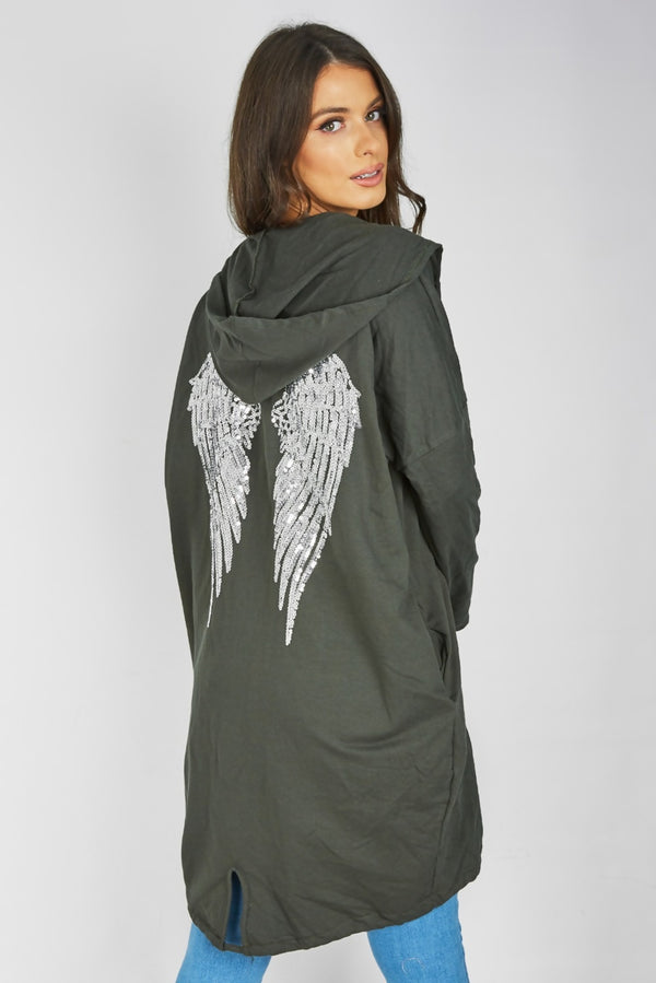 Khaki Sequin Angel Wings Hooded Cardigan