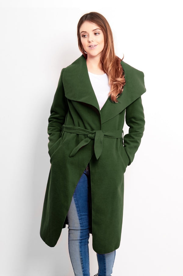 Khaki Tie Front Shawl Collar Coat