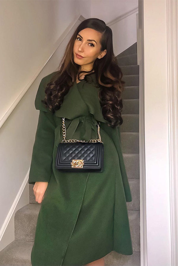 Khaki Tie Front Shawl Collar Coat