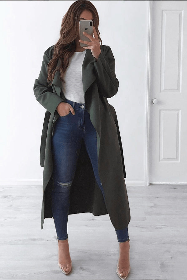 Khaki Tie Front Shawl Collar Coat