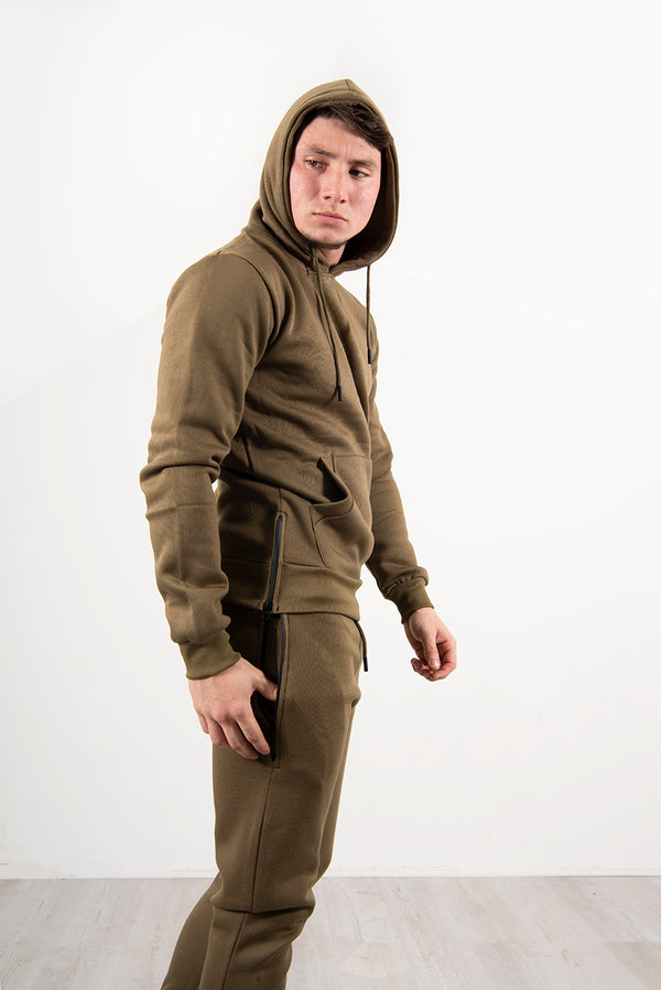 Mens Khaki Side Zip Detail Hooded Tracksuit