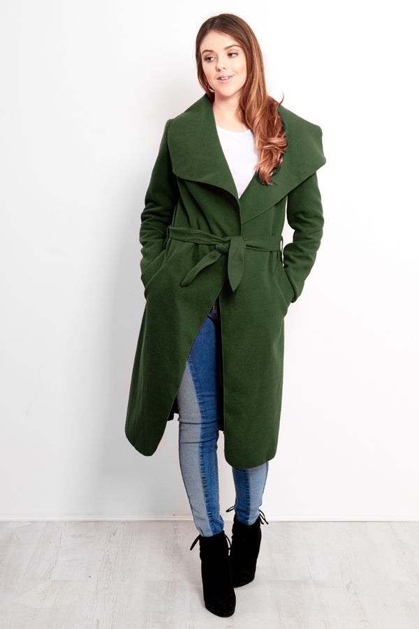 Khaki Tie Front Shawl Collar Coat