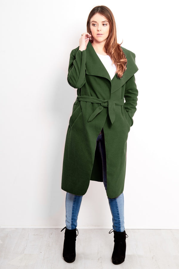 Khaki Tie Front Shawl Collar Coat