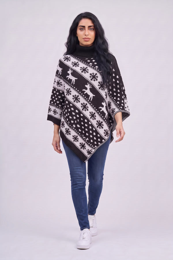 Black Festive Fair Isle Reindeer Knitted  Christmas Poncho - Emily