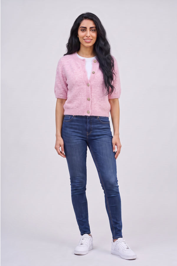 Pink Short Sleeve Button Up Knitted Cardigan - Sophia