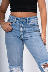 Light blue ripped knee mom jeans 