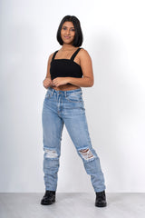 Light blue ripped knee mom jeans 