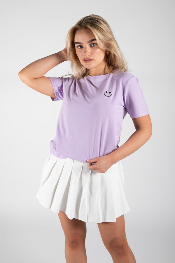 Lilac Cotton Smiley Face Embroidered T-Shirt