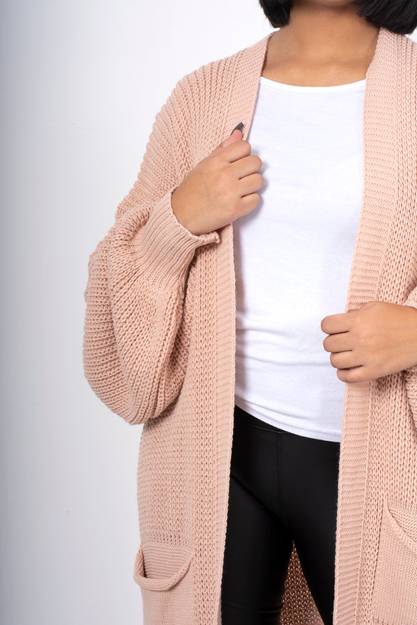 Pink longline balloon sleeve knitted cardigan 