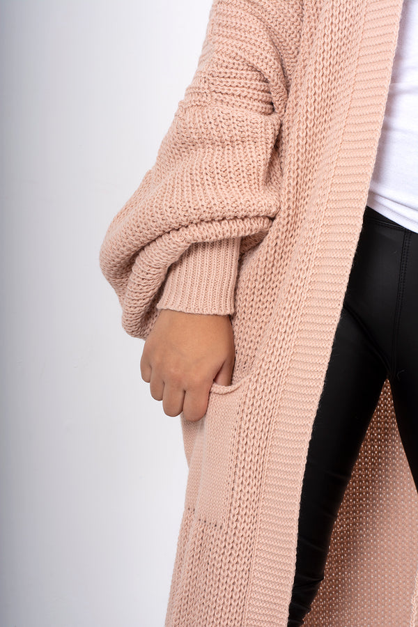 Pink longline balloon sleeve knitted cardigan 