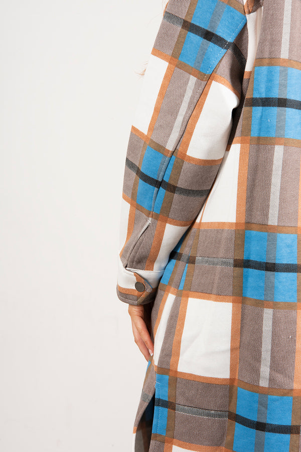 Blue Contrast Checked Longline Shacket
