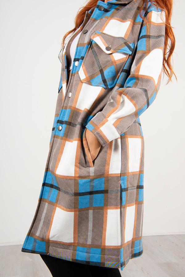 Blue Contrast Checked Longline Shacket