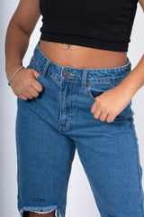 Dark blue ripped knee love hate mom jeans