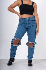 Dark blue ripped knee love hate mom jeans