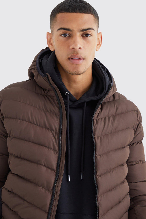 Mens Chocolate Quilted Zip Through Puffer With Hood