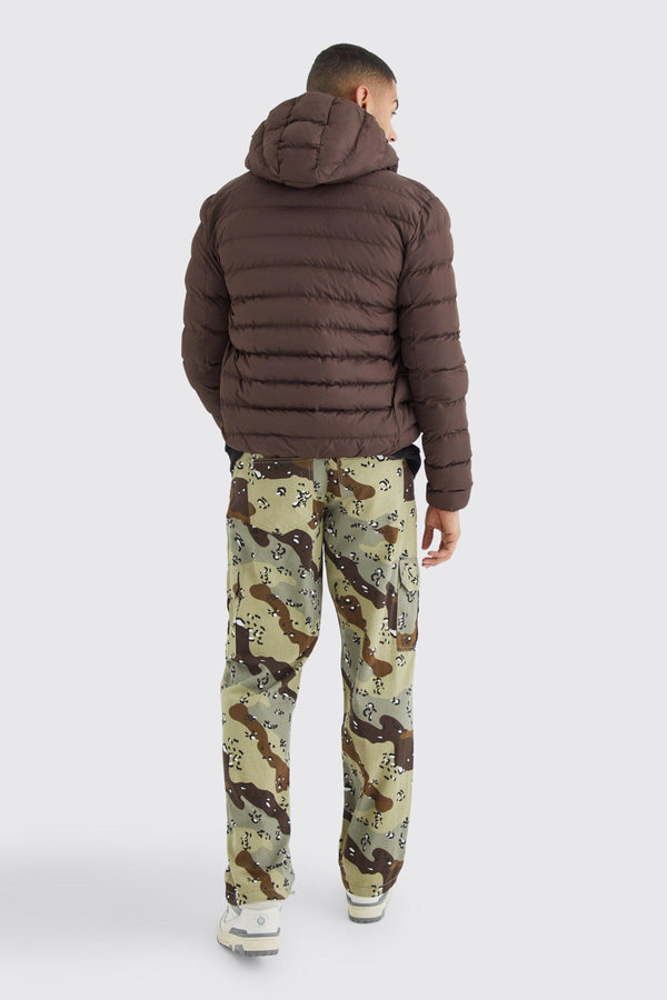 Mens Chocolate Quilted Zip Through Puffer With Hood