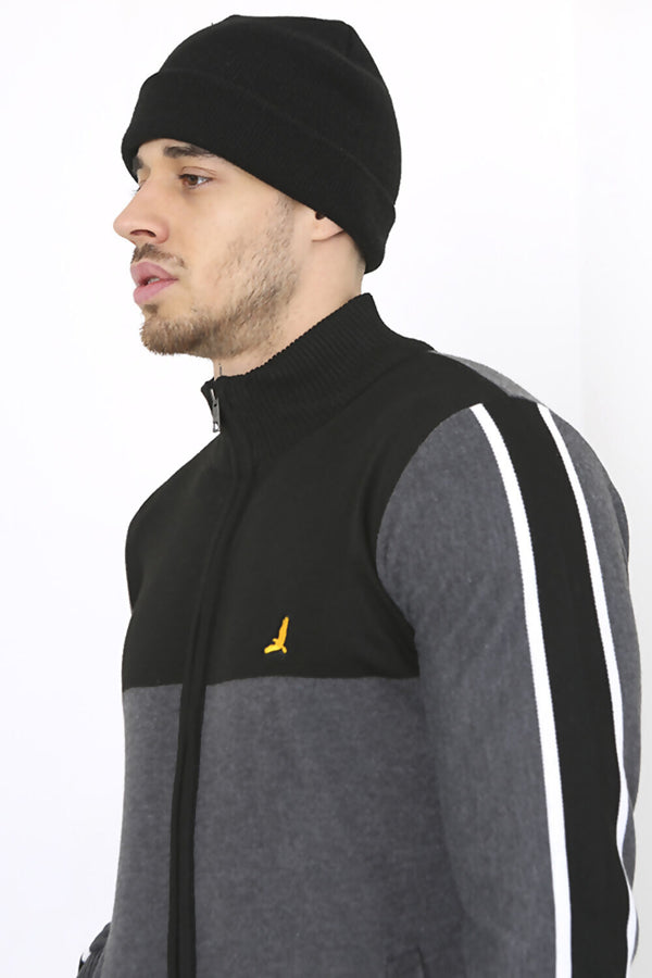 Mens Charcoal And Black Colourblock Zip Up Jumper 