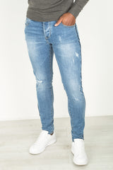 Mens Basic Blue Distressed Ripped Denim Jeans
