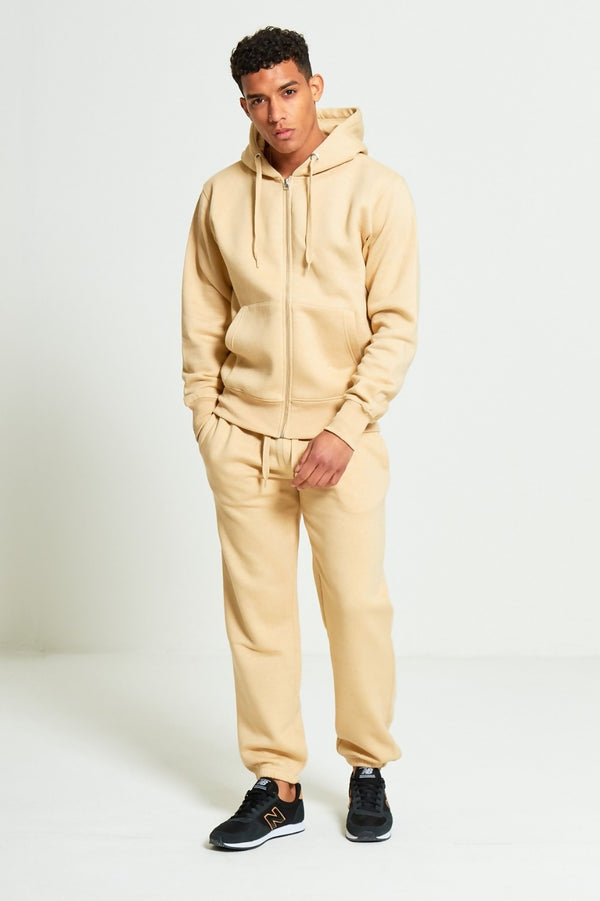Mens Beige Fleece Jogging Pockets Plain Tracksuit