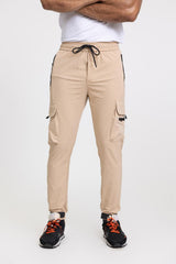 Mens Beige Tie Waist Shell Cargo Joggers