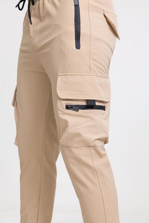 Mens Beige Tie Waist Shell Cargo Joggers