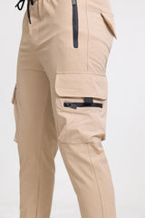 Mens Beige Tie Waist Shell Cargo Joggers