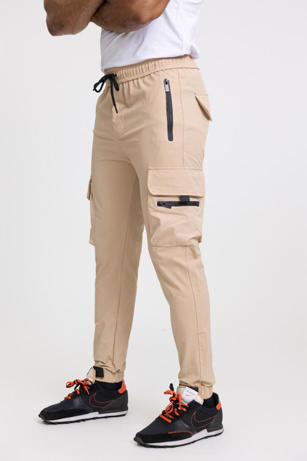 Mens Beige Tie Waist Shell Cargo Joggers