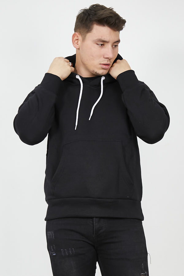 Mens Black Contrast Drawstring Pull Over Hoodie