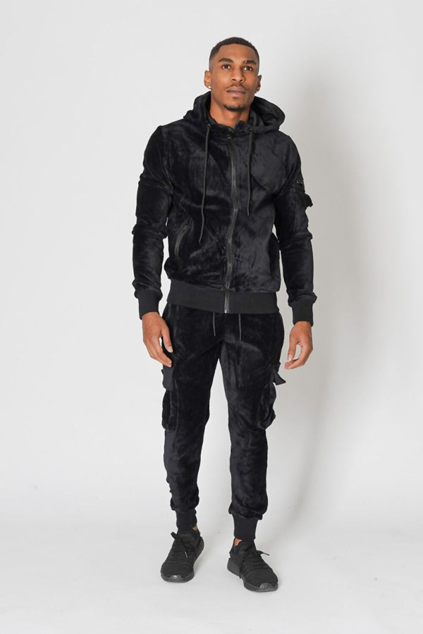 Mens Black Corduroy Cargo Tracksuit