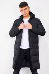 Mens Black Longline Hooded Puffer Coat