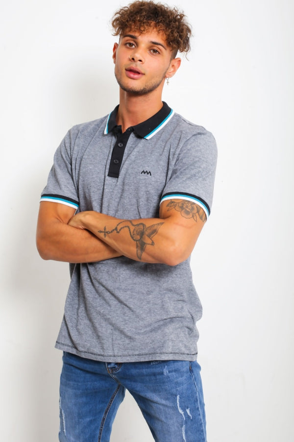 Mens Black Marl Striped Collar Polo Shirt