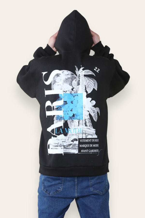 Mens Black Oversized Paris Graphic Back Print Hoodie