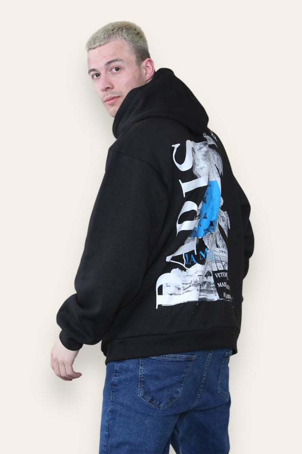 Mens Black Oversized Paris Graphic Back Print Hoodie