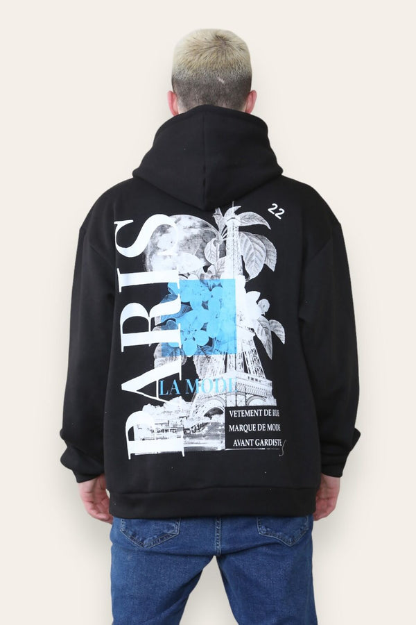 Mens Black Oversized Paris Graphic Back Print Hoodie