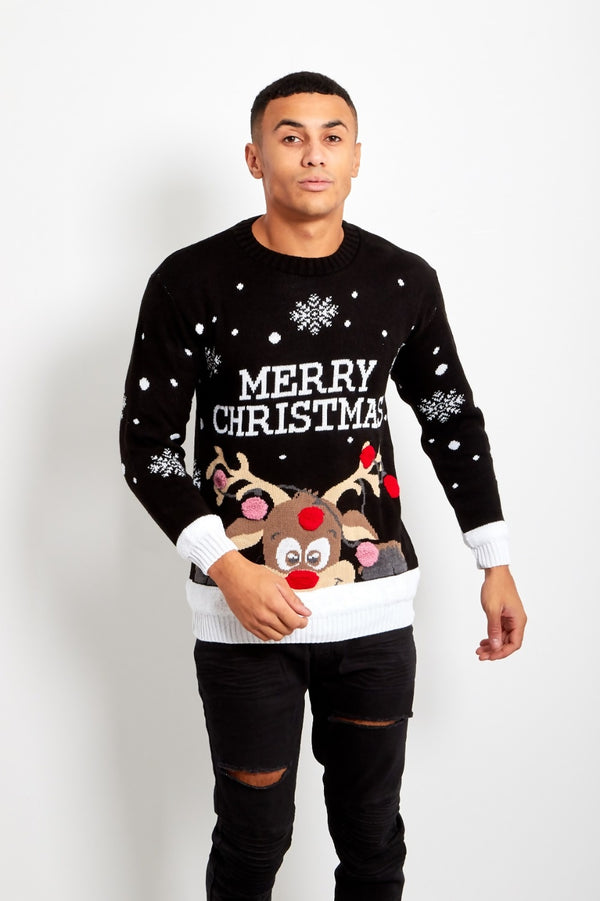 Mens Black Pom Reindeer Knitted Christmas Jumper