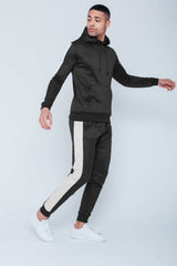 Mens Black Pull Through Contrast Tape Hooded Tracksuit