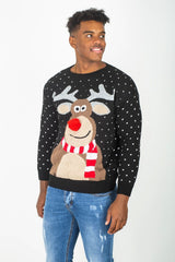 Mens Black Rudolph Pom Nose Christmas Jumper