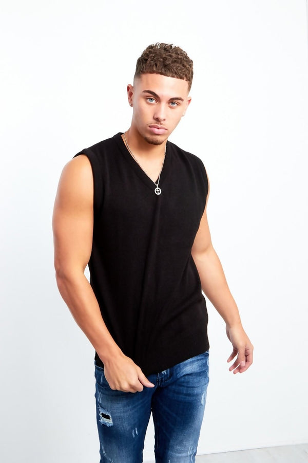 Mens Black V-Neck Sleeveless Knitted Jumper