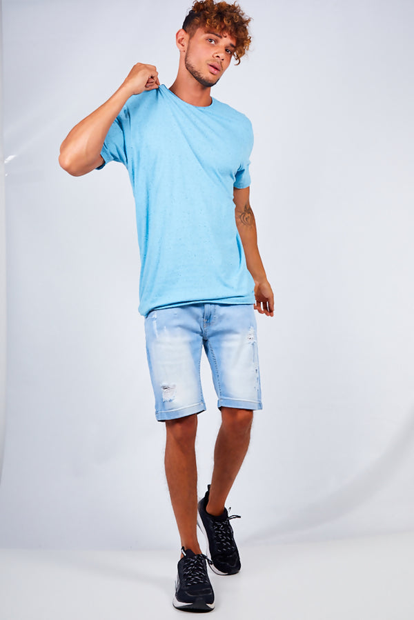 Mens Blue Speckled Nep Crew Neck T-Shirt