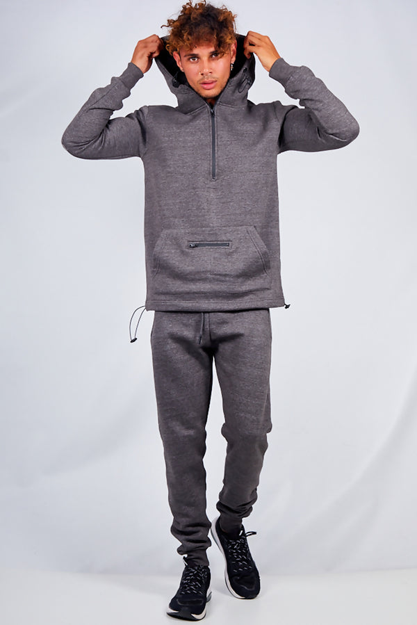 Mens Charcoal Drawstring Hem Detail Half Zip Hooded Tracksuit