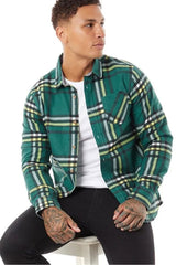 Mens Green Checked Cotton Flannel Long Sleeve Shirt