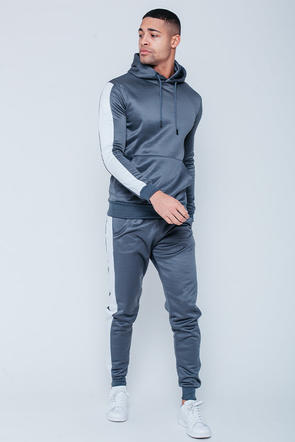 Mens Grey Pull Through Contrast Tape Hooded Tracksuit