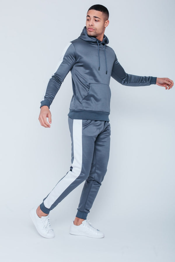Mens Grey Pull Through Contrast Tape Hooded Tracksuit