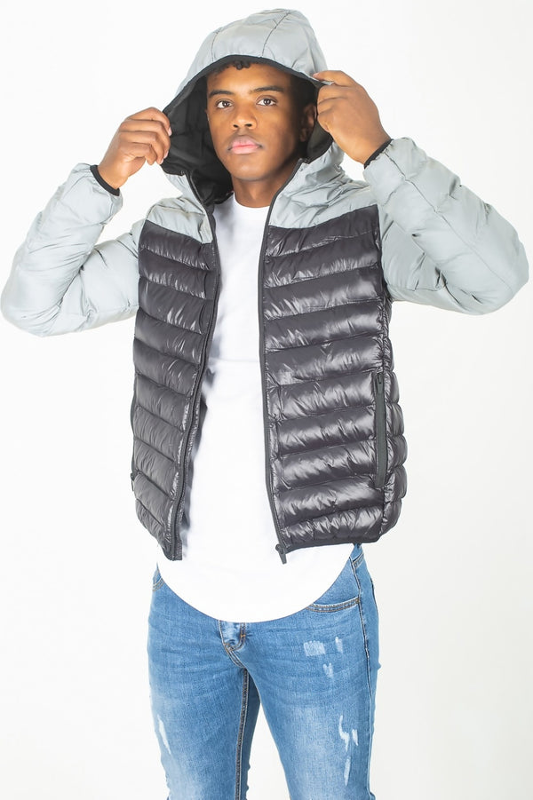 Mens Grey Reflective Contrast Quilted Jacket