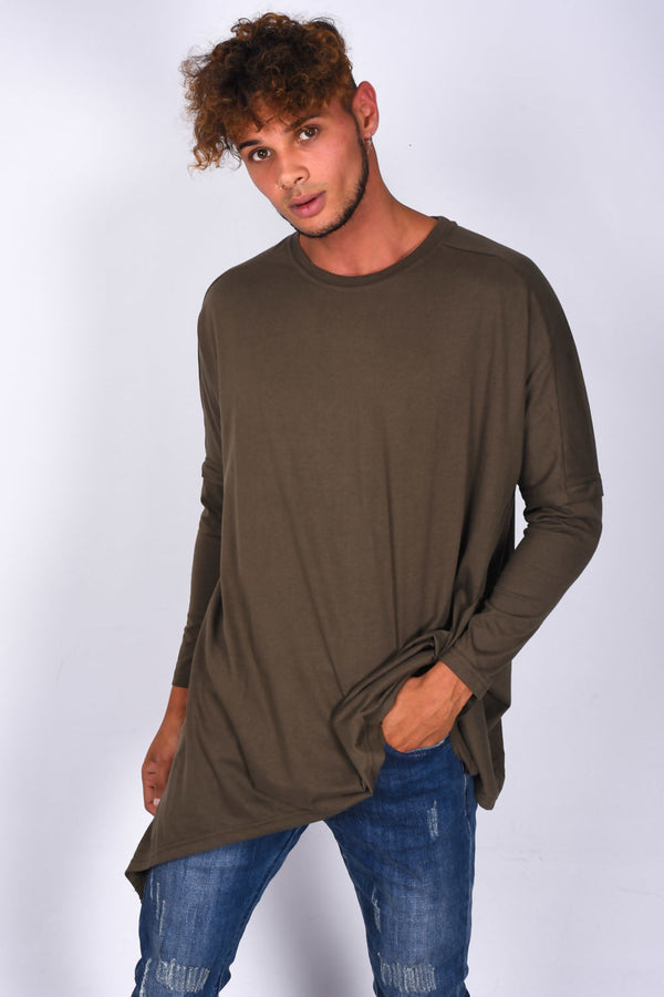 Mens Khaki Long Sleeve Longline T-Shirt